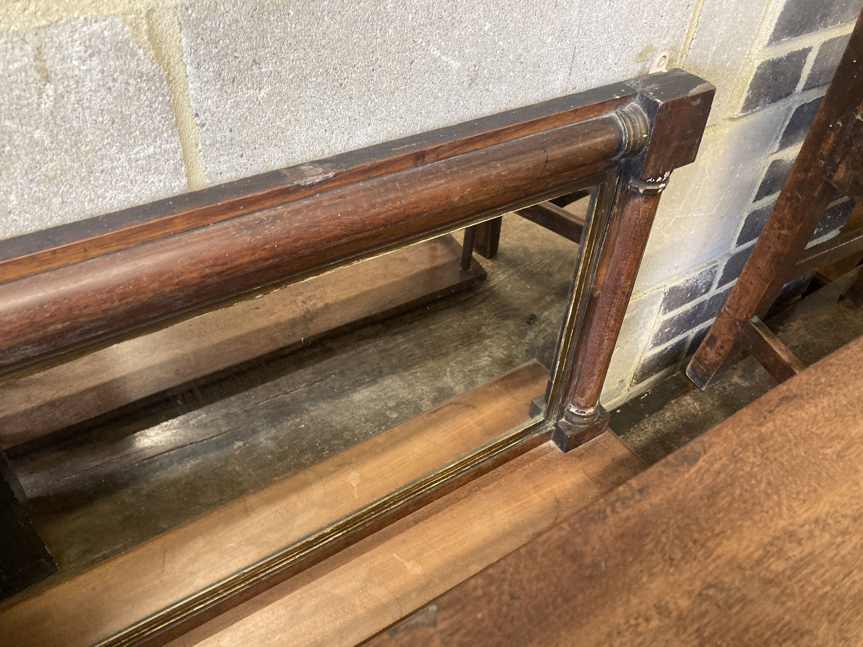 A late Victorian wall cabinet painted with a landscape scene, width 47cm, pair of provincial wood seat chairs, a mahogany three tier wall shelf and a Victorian overmantel mirror